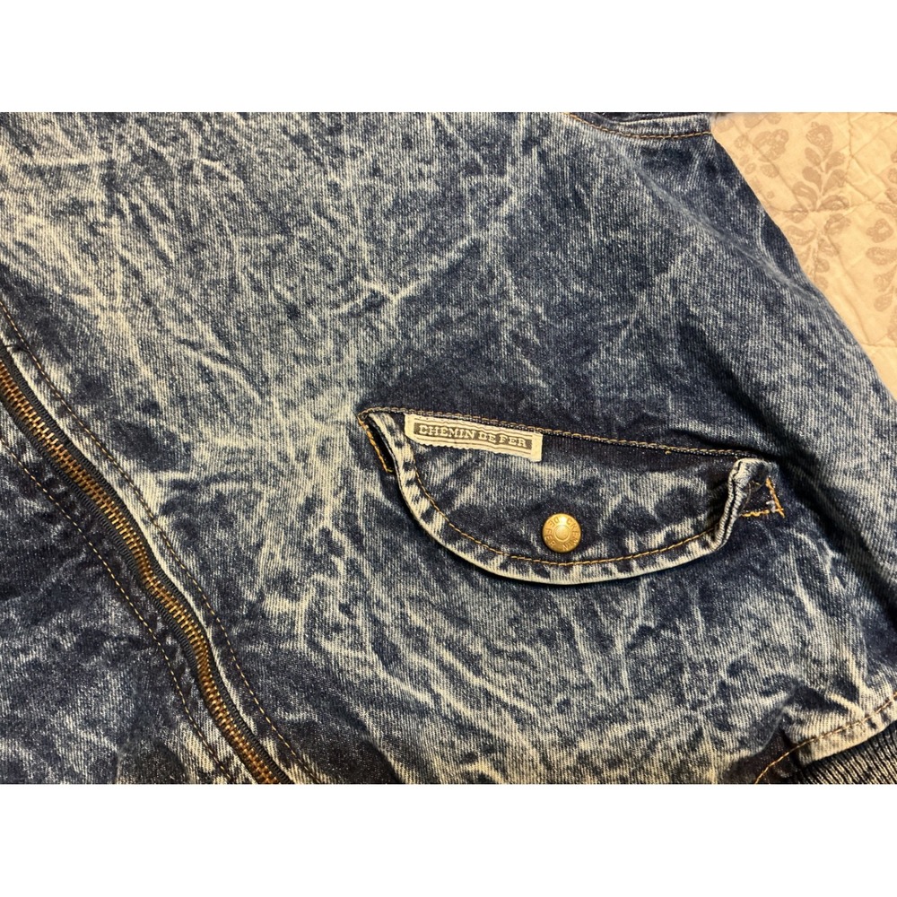 VTG Chemin de Fer Womens S Acid Wash Denim Bomber Jacket Zipper Pockets Ribbed - Picture 6 of 8